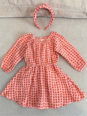 ALICE+AMES Girls Coral Pink Polka Dot Dress with Matching Headband
